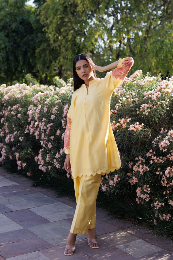 Primrose Yellow chanderi scalloped tunic set