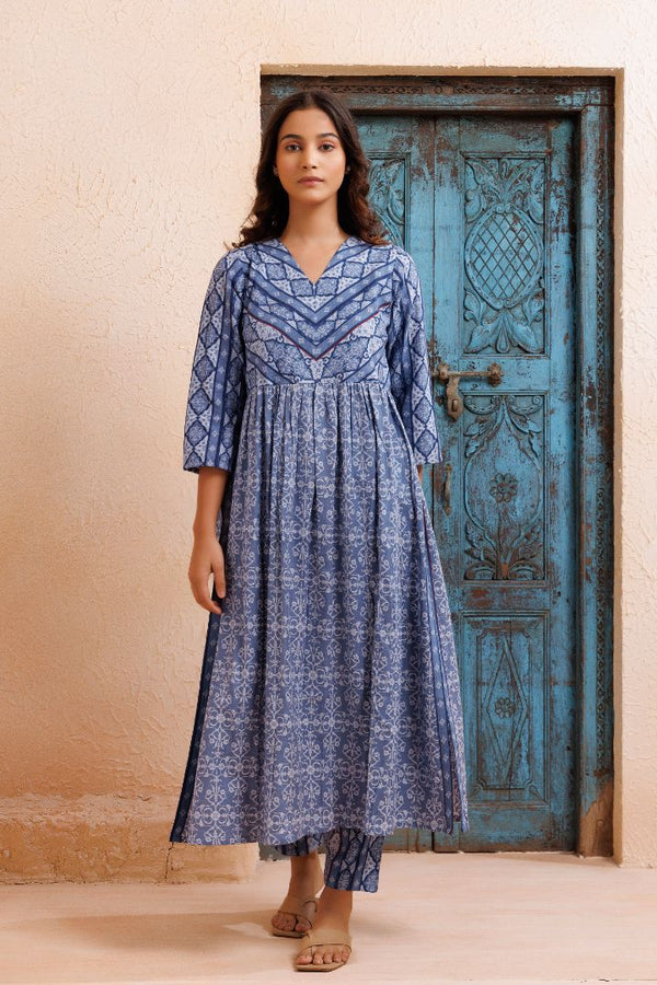 Ajrakh blue high slit kurta