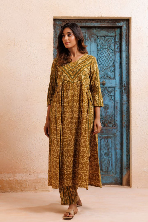 Ajrakh olive high slit kurta