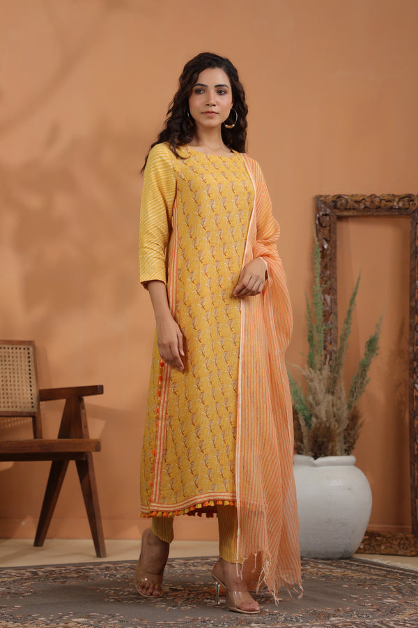 linen printed kurta and striped linen pants